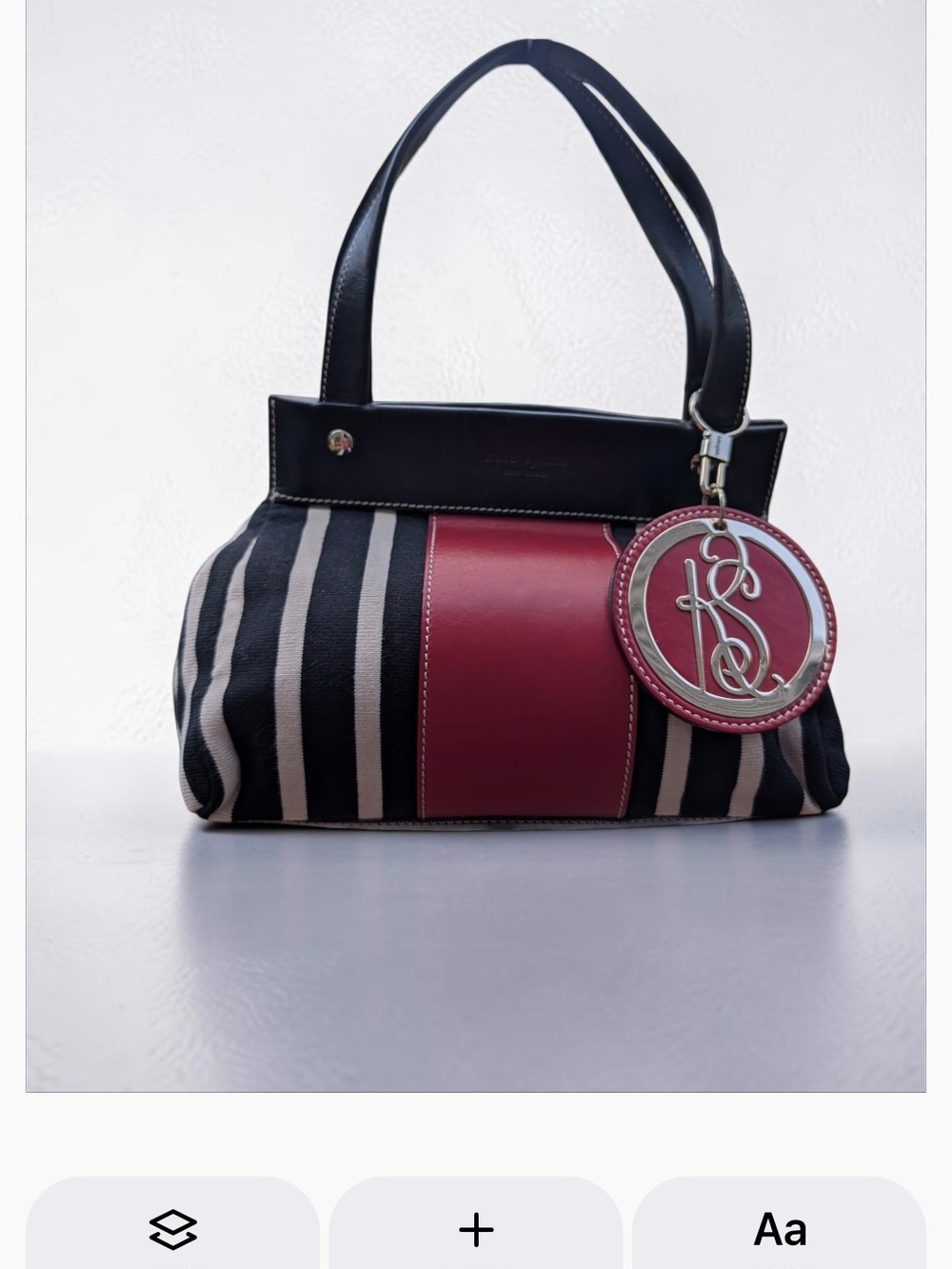 Vintage Kate Spade Striped Red Black Leather Handbag Oversized KS Charm